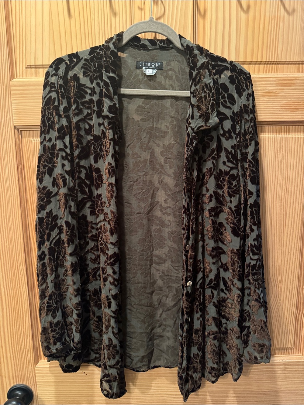 Citron Olive & Brown Floral Burnout Open-Front Cardigan